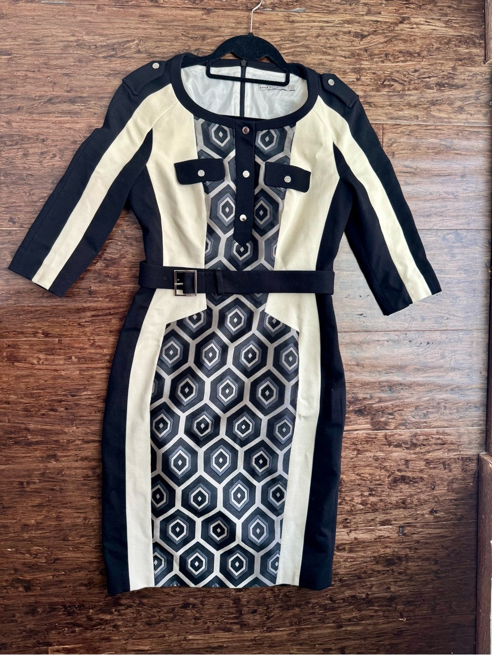Karen Millen Black and Cream Geometric Panel Midi Dress